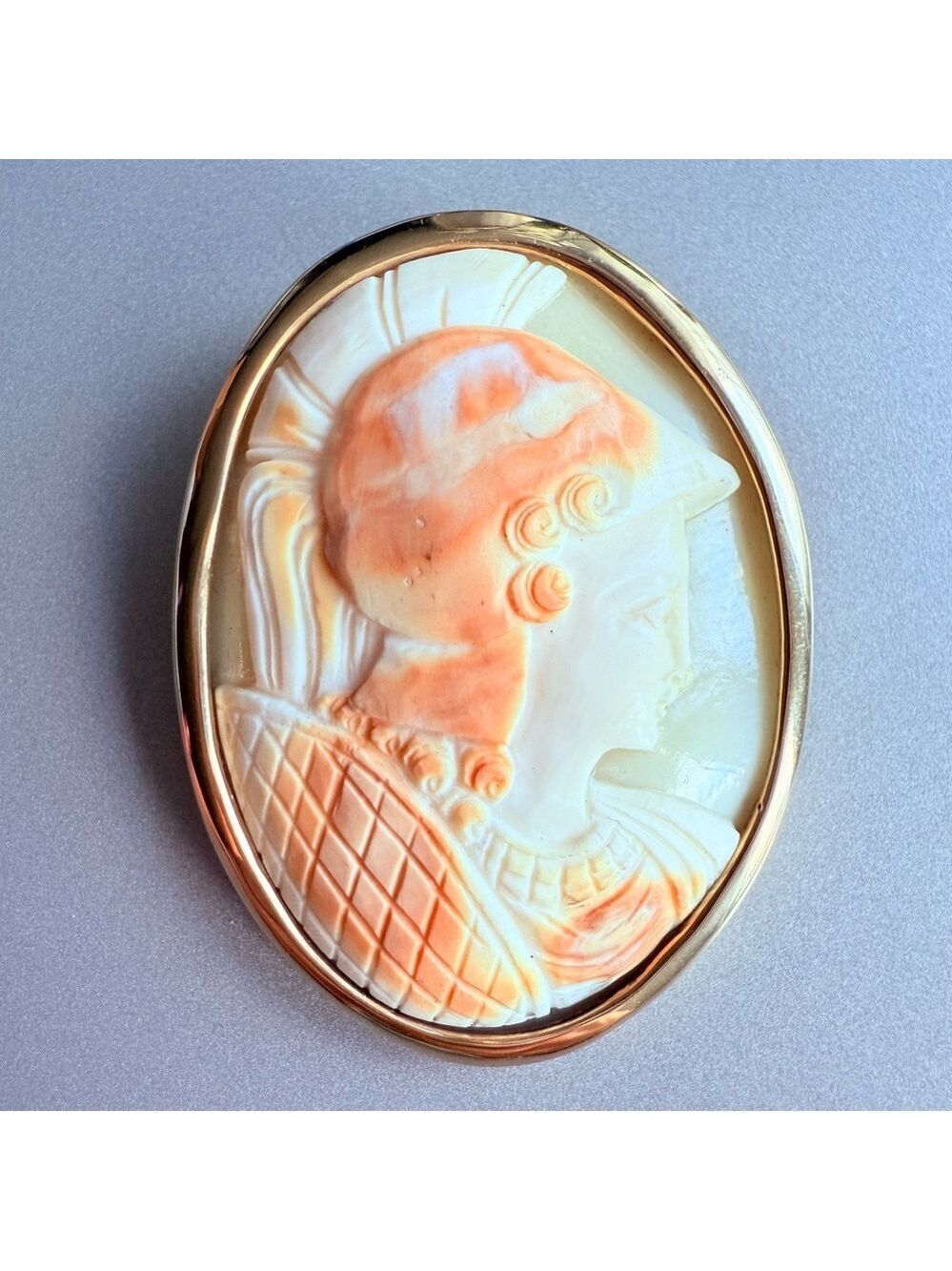 Vintage 14K Gold Exquisite Cameo Shell Athena HUGE Oval Brooch Pin/ Pend…